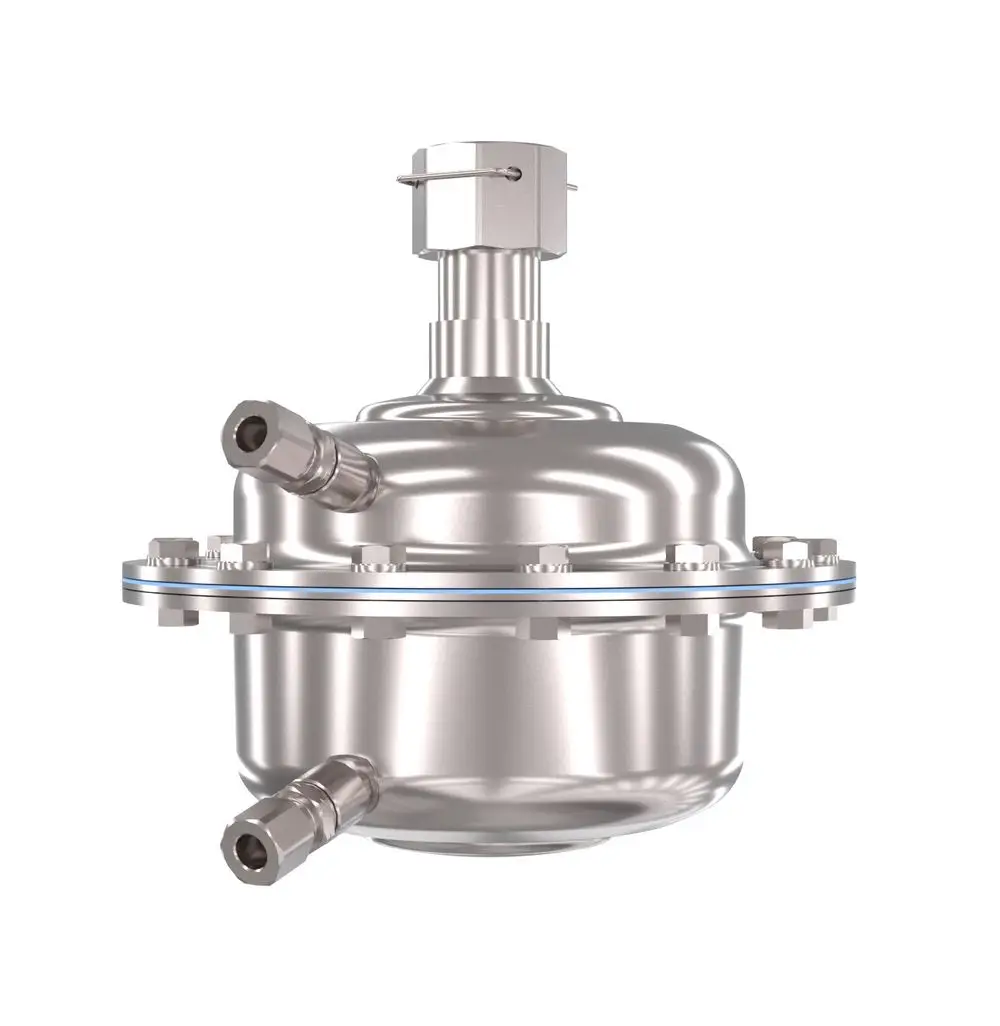 Edelstahl-Ventil mit zwei Anschlüssen, einem oberen Anschluss und sicherem Halteclip. Produkt von Danfoss, geeignet für spezifische industrielle Anwendungen.